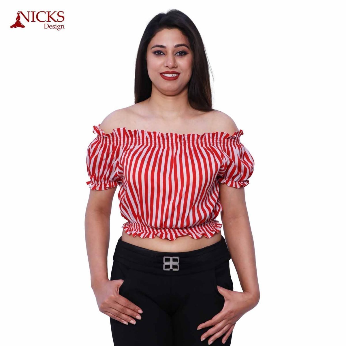 Off Shoulder Red Pin Striped Top